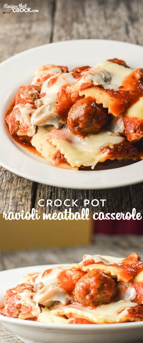 Crock Pot Ravioli Meatball Casserole- Super easy meal to throw together! This is a recipe that kids of all ages love! Crockpot Ravioli And Meatballs, Frozen Ravioli Recipes Crockpot, Crock Pot Ravioli, Meatballs Frozen, Crockpot Ravioli, Meatball Casserole Recipe, Casserole Crockpot, Crockpot Meatballs, Meatball Casserole