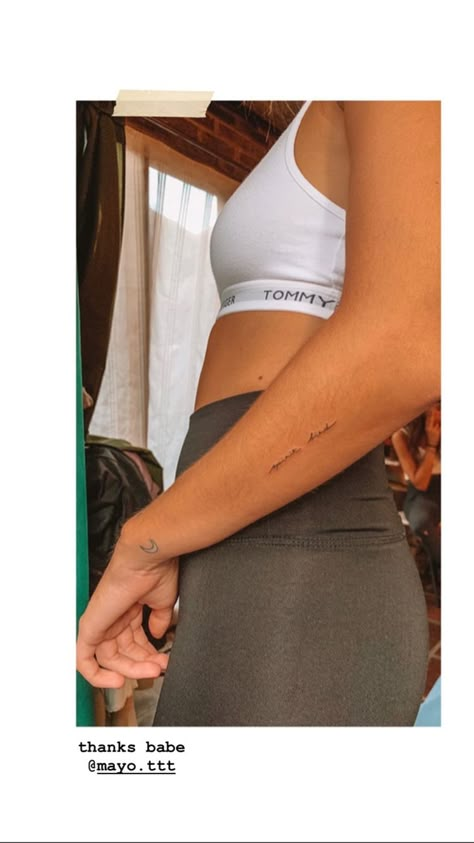 Minimalist Tattoo Women Arm, Tattoos Behind Arm Above Elbow, Enjoy Every Moment Tattoo, Small Tattoo Arm Placement, Mini Tattoos Arm, Tiny Arm Tattoos For Women, Behind Elbow Tattoo Women, Handwriting Tattoo Placement, Fine Line Tattoo Arm