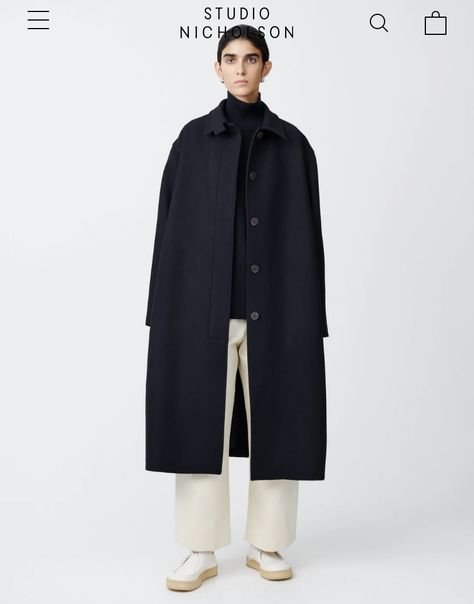 Modular Wardrobes, Navy Coat, Studio Nicholson, Wool Overcoat, Knit Outerwear, Shirt Skirt, Shirt Accessories, Outerwear Women, Long Coat