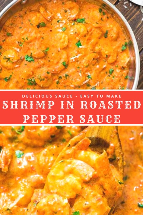 Shrimp in Roasted Pepper Sauce - Rich and Flavorful Shrimp With Roasted Red Pepper Sauce, Seafood Pasta With Red Pepper Sauce, Spicy Sauce For Shrimp, Shrimp Red Sauce, Red Argentine Shrimp Recipes, Shrimp And Peppers Recipe, Roasted Red Pepper Shrimp, Red Shrimp Recipes, Shrimp In Red Sauce