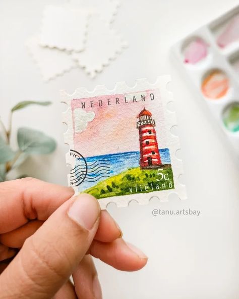 Day 21/100 Postal Stamp Series ⏩Swipe to see my cute little brush for giving details in this tiny little painting 😍 I'm having so much fun with these mini stamp paintings.🥳 Added the stamp signs digitally, just for fun 🤓 One question for my Dutch friends - When I looked for Dutch stamps, I saw ‘NEDERLAND’ written on many of them. Why is that? I tried looking it up, but I couldn’t find a good answer. I would Love to know about this 😊 Is it looking good with a postal stamp or without it? Watercolor Mini Paintings, Watercolor Postcards, Watercolor Stamps, Watercolor Postcard, Mini Fairy Garden, Embroidery Flowers Pattern, Mini Canvas, Postal Stamps, Paint Splatter