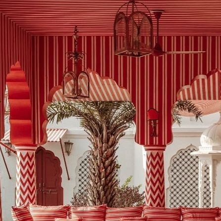 Villa Palladio Jaipur on Instagram: "Crimson Shade from the Summer Sun 🌺 Find rest under the candy stripes of our Pool House. Whether it be laps in the pool, basking in the sun, or unwinding with a massage our pool house is the perfect spot for carefree daydreaming this summer. Picture by @furstset" Palladio Jaipur, Villa Palladio, Basking In The Sun, A Massage, Aviation Art, Candy Stripes, In The Pool, Pool House, Summer Sun