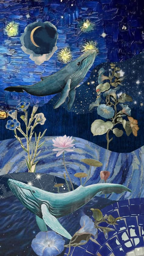 sea of stars #stars #moon #vintage #vintagefuturism #retrofuturism #surrealism #vangogh #whales Whale Phone Background, Whale Wallpapers Aesthetic, Sea Creature Wallpaper, Whale Wallpapers, Whale Background, Sea Aesthetic Wallpaper, Surreal Wallpaper, Whales Wallpaper, Sea Collage