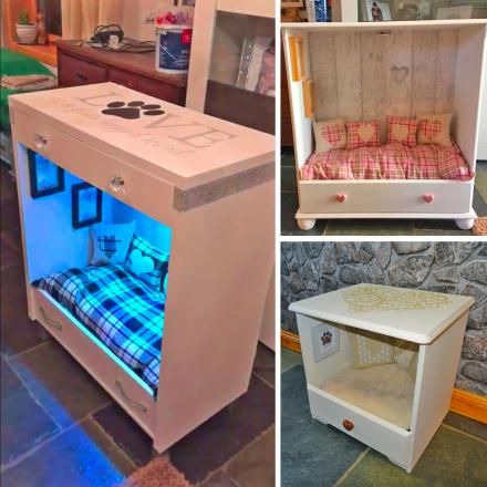 Diy Dog Bed From Dresser Old Drawers, Dog Bed Diy Furniture, Hidden Dog Bed Ideas, Nightstand Cat Bed, Dresser Cat House, Dog Bed From Dresser, Dogs Beds Ideas, Dog Furniture Ideas, Dog Bed Ideas Diy