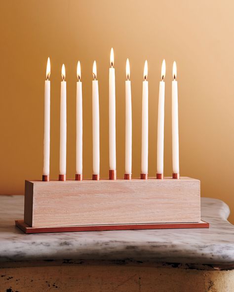 Red Oak Wooden-and-Copper Menorah | For an elegant handmade decoration for Hannukah, try this stylish copper-and-wood menorah, which is hand-constructed with materials easily found at most home-improvement centers. Get the easy how-to here. #crafts #holidaycrafts #marthastewart #hanukkah Menorah Diy, Diy Menorah, Hannukah Decorations, Hanukkah Traditions, Diy Hanukkah, Candle Wax Removal, Hanukkah Art, Hanukkah Recipes, Hanukkah Crafts