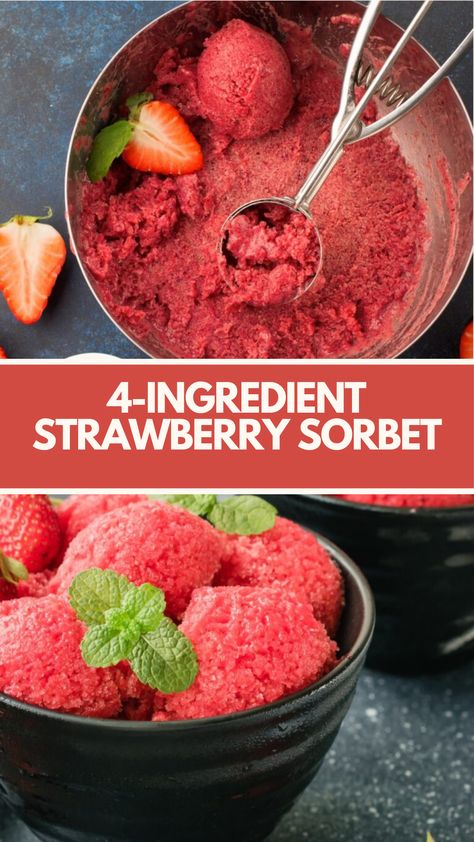 4-Ingredient Strawberry Sorbet is a simple, refreshing dessert made with just fresh strawberries, sugar, lemon juice, and water. This recipe serves 6 and takes about 10 minutes to prepare, plus freezing time, making it a perfect light and healthy treat. Ice Popsicles, Strawberry Sorbet Recipe, Homemade Sorbet, Best Healthy Recipes, Cold Deserts, Sorbet Recipe, Strawberry Sorbet, Fried Fish Recipes, Sorbet Recipes