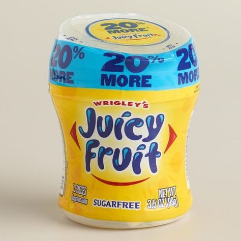 Wrigley's - Juicy Fruit sugar free Gum Cup Juicy Fruit Gum, Gum Brands, Fruit Sugar, Gum Flavors, Bubble Gum Flavor, Sugar Free Gum, Lip Gloss Balm, Fanta Can, Juicy Fruit