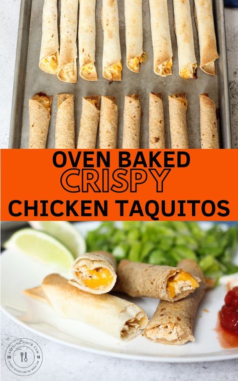 Oven Baked Chicken Taquitos, Baked Chicken Taquitos, Taquitos Recipe, Chicken Taquitos, Shredded Chicken Recipes, Oven Chicken, Oven Baked Chicken, Lunch Snacks, Shredded Chicken