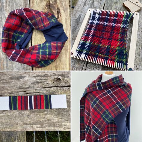 Four images, a tartan shawl, cowl, card winding and sample weave Tartan Weaving Pattern, Tartan Weaving, Diy Plaid, Weaving Patterns Design, Weaving Scarfs, Tartan Shawl, Elegant Shawl, Weaving Tutorial, Paper Weaving