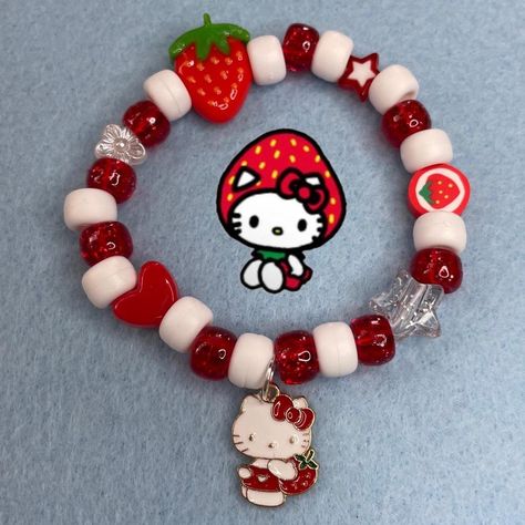 Strawberry Hello Kitty Kandi Bracelet   - handmade... - Depop Sanrio Kandi, Hello Kitty Kandi, Hello Kitty Bracelets, Strawberry Hello Kitty, Kandi Singles, Bracelets Kandi, Kandi Cuffs, Pony Bead Bracelets, Kandi Inspo