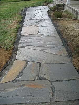 irregular stone path Bluestone Pathway, Bluestone Path, Slate Walkway, Bluestone Walkway, Big Leaf Plants, Flagstone Walkway, Walkway Landscaping, Walkway Design, Walkway Ideas