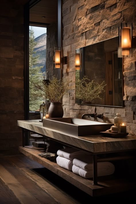 Spa Bathroom Wood Vanity, Mountain Chalet Bathroom, Stone Wall In Bathroom, Small Marble Bathroom Ideas, Stone Wall Bathroom, Stone Shower Ideas, Rustic Wood Vanity, Stone Bathroom Ideas, Stone Shower Walls