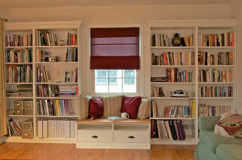 This is the idea for our downstairs library, but with the window-seat being also a pull-out bed!  IKEA Hackers Bookcase Plans, Billy Ikea, Cool Bookshelves, Ikea Bookshelves, Ikea Billy Bookcase, Ikea Billy, Billy Bookcase, Ikea Hackers, Wall Bookshelves