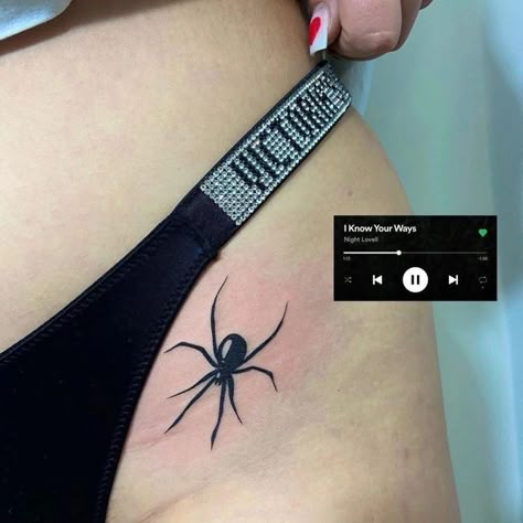 Spider Rib Tattoo, Spider Hip Tattoo, Magic Runes, Waist Tattoos, Sharpie Tattoos, Hip Tattoos Women, Tasteful Tattoos, Spider Tattoo, Stomach Tattoos