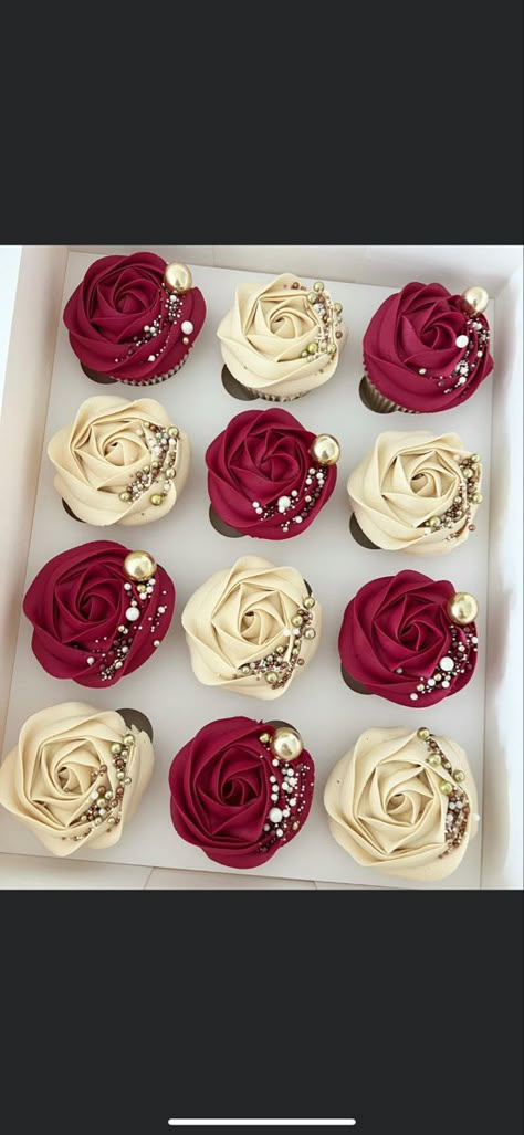 Red Silver Wedding, White Wedding Cupcakes, Wedding Shower Cupcakes, Gold And Burgundy Wedding, Burgundy Wedding Theme, Burgundy Wedding Cake, Cupcake Tower Wedding, Burgundy And Blush Wedding, Red Cupcakes