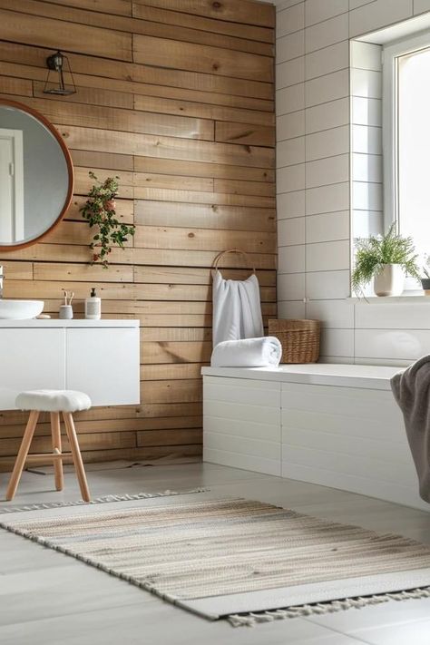 Fresh Shiplap Bathroom Wall Ideas for Your Home Wood Wall Bathroom Modern, Bathroom Wall Ideas Wood, Wood Wall Behind Bathroom Vanity, Bathroom With Wood Accent Wall, Wood In Bathroom Wall, Wood Paneling Bathroom Wall, Bathroom With Shiplap Accent Wall, Bathroom Shiplap Wall, Wood Accents Bathroom