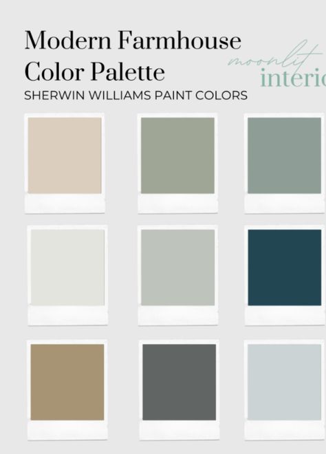 Modern Farmhouse Color Palette, Farmhouse Color Palette, Sherwin Williams Color Palette, House Color Palettes, Farm House Colors, Sherwin Williams Paint Colors, House Color, White Trim, Sherwin Williams