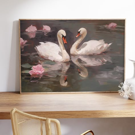 Horizontal Artwork Above Bed, Aesthetic Painting For Room Decor, Paintings Aesthetic Vintage, Swan Artwork, Coquette Wall Art, Painting Horizontal, Swan Wall Art, Swan Art, Swan Painting