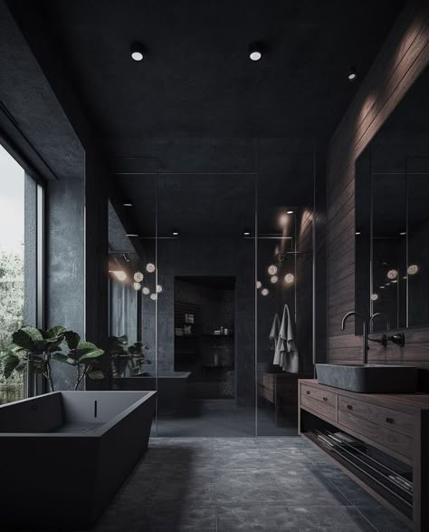 Modern Black Bathroom Design, Luxury Black Bathroom, Black Bathroom Design, Mafia House Aesthetic, Modern Black Bathroom, Dark Bathroom Ideas, Black Bathtub, Home Works, Bathroom Design Black