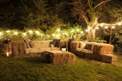 Farm Restaurant, Barn Party, Country Party, Barn Parties, Light Up Letters, Ceremony Seating, Hay Bales, Festoon Lighting, Party Props