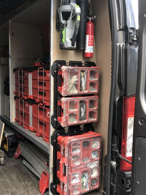 Milwaukee Packout Ideas, Work Truck Organization, Work Truck Storage, Milwaukee Tool Box, Van Organization, Truck Organization, Van Shelving, Work Trailer, Mobile Workshop