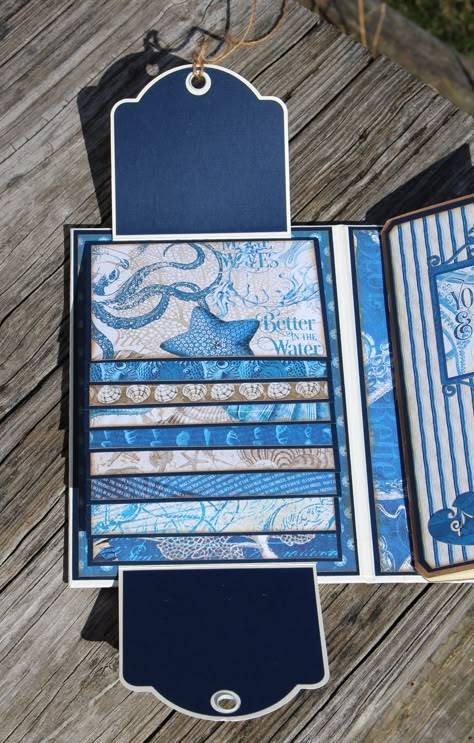 FotoBella: Graphic 45 Ocean Blue Waterfall Album by Laurie- Fotobella Design Team Graphic 45 Ocean Blue Cards, Ocean Junk Journal Ideas, Interactive Scrapbook Pages, Waterfall Scrapbook, Graphic 45 Tutorials, Mini Album Page Ideas, Scrapbook Albums Tutorial, Diy Albums, Paper Bag Album