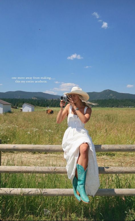 Instagram credit: @amelia.edmondson Yellowstone Chic Outfit, 60s Country Aesthetic, Montana Spring Outfits, Cowgirl Boots Dress Outfit, Coastal Country Outfit, Tecovas Outfit, Farm Wife Aesthetic, Farm Chic Outfit, Utah Outfits Summer