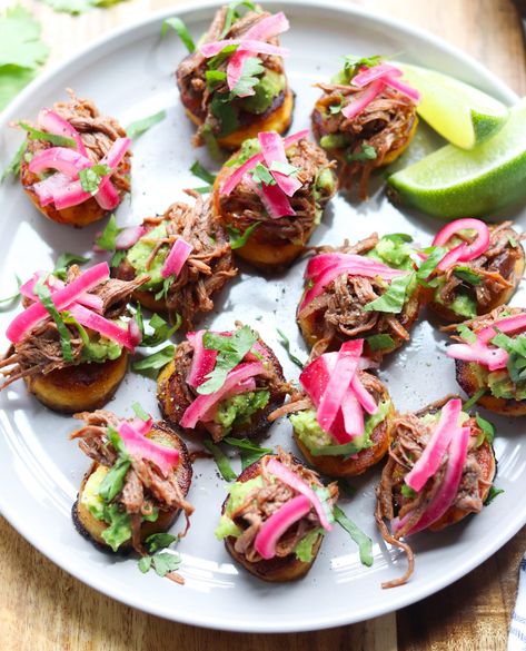 Whole30 Fried Plantains topped with spicy Instant Pot / Pressure Cooker Barbacoa Beef, smashed avocado, and pickled onions. This is the best Paleo and gluten free appetizer or dinner, I promise! And don't worry, I included a Slow Cooker / Crock Pot Adaptation! #cookathomemom Beef Plantain, Instant Pot Barbacoa Beef, Instant Pot Barbacoa, Gluten Free Appetizer, Slow Cooker Barbacoa, Fried Plantains, Party Bites, Mexican Appetizers, Mom Recipes