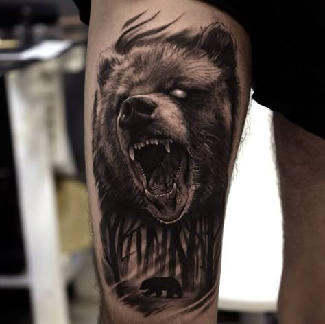 Bear Tattoos For Men, Grizzly Bear Tattoos, Tattoo Ideas For Guys, Thigh Tattoo Men, Bear Tattoo Designs, Wolf Tattoo Sleeve, Native American Tattoos, Lion Head Tattoos, Bear Tattoos