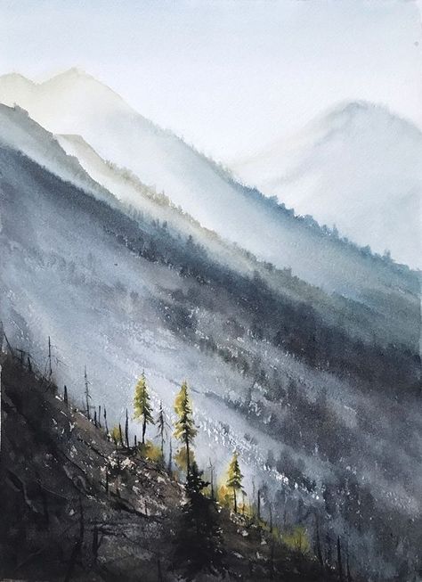 Eugenia Gorbacheva - Paintings for Sale | Artfinder Mist Painting, Montana Art, France Drawing, Painting Media, Painting Medium, Landscape Scenery, Mountain Paintings, Watercolor On Paper, Types Of Painting