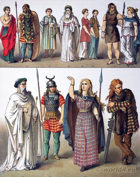 Ancient British, Gallic and Teutonic Costumes. German Poster, Celtic Fashion, Celtic Dress, German Costume, Celtic Clothing, Roman Costume, The Celts, Germanic Tribes, Celtic Warriors