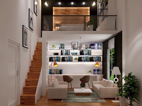 Living room and Bedroom with Mezzanine floor Mezanine Room, Small Mezzanine House Design, Mezanine Interior Design, Mezzanine Living Room, Mezzanine House Design, Bedroom With Mezzanine, House With Mezzanine, Mezzanine Floor Design, Nha Cap 4