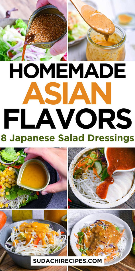 Six vibrant photos showcasing homemade Asian-style salad dressings being drizzled over fresh cabbage and vegetable salads, featuring sesame, ginger, and sweet variations Spicy Asian Dressing Recipes, Salad Dressing Recipes Asian, Sweet Asian Salad Dressing, Homemade Asian Salad Dressing, Salad Dressing Asian, Asian Dressing Recipe Easy, Japanese Dressing For Salad, Somen Salad Dressing Recipe, Japanese Sesame Salad Dressing