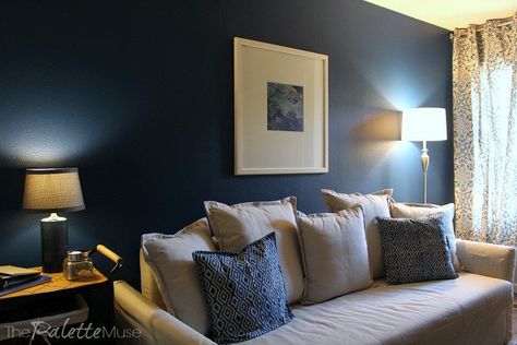 Office Makeover Reveal for the $100 Room Challenge with navy blue wall in Valspar “Indigo Cloth” #office #makeover #diyhomedecor #100roomchallenge Palisade Blue Valspar, Indigo Cloth Valspar, Valspar Indigo Streamer, Valspar Paint Colors Blue, Valspar Relaxed Navy, Valspar Deep Twilight Blue, Dark Blue Accent Wall, Dark Blue Office, Blue Accent Wall