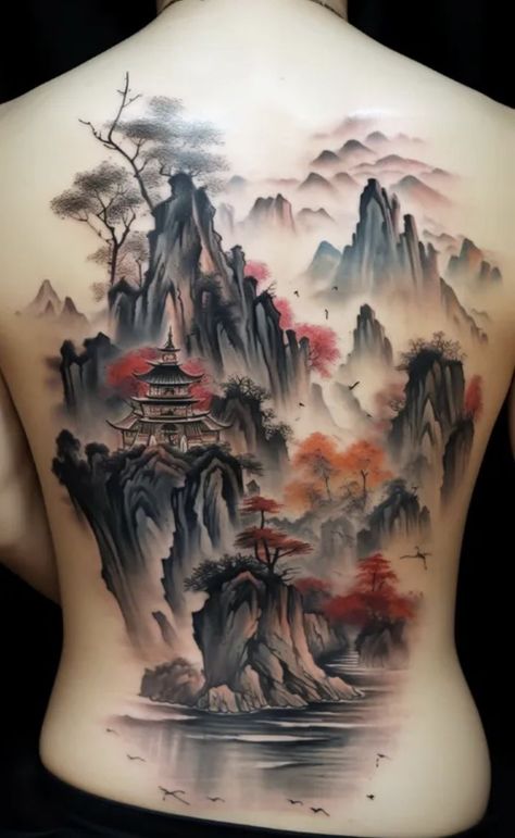 Japanese Landscape Tattoo, Jack Skellington Tattoo, Gotik Tattoo, Chinese Mountains, Japanese Mountains, Armband Tattoos, Landscape Tattoo, 3d Tattoos, 3d Tattoo