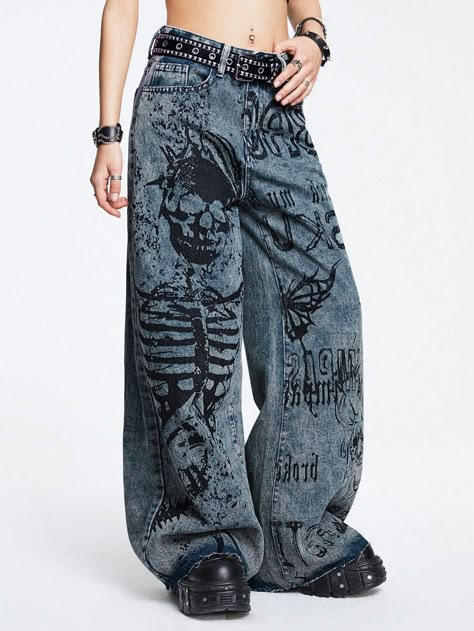 Skull & Letter Graphic Wide Leg Jeans, School Blue    Denim Halloween,Letter Wide Leg Non-Stretch  Women Clothing, size features are:Bust: ,Length: ,Sleeve Length: Skull Painted Jeans, Punk Painted Jeans, Jeans Painting Ideas, Alt Pants, Clothes From Shein, Jeans Painting, Graphic Jeans, Jean Diy, Punk Jeans