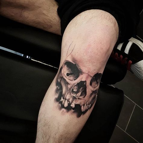 Skull in progress #blackandgrey #skull #kneetattoo Knee Tattoo Men Skull, Mean Skull Tattoo, Skull Leg Tattoos, Skull Tattoo On Leg, Knee Skull Tattoo, Cool Simple Tattoos For Guys, Skull Knee Tattoo, Skull Tattoo Black And Grey, Knee Tattoo Men