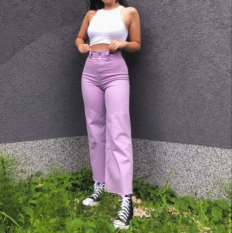 How To Style Purple Jeans, Purple Jeans Outfit, Pastel Aesthetic Outfit, Aesthetic Converse, Cara Skirt, Purple Sweatpants, Wide Leg Jeans Outfit, Sweatpants Outfits, Cool Girl Outfits