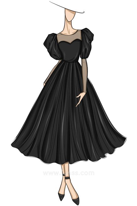 sketch of black satin puff sleeve tea length party dress Cocktail Dress Illustration, Illustration Poses, Queen Anne Neckline, Dress Illustration, Dress With Puff Sleeves, Clothing Design Sketches, Dress Sketches, Formal Dresses For Weddings, Clothing Design