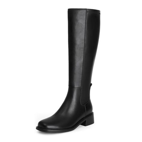 QIY Knee High Boots Women Faux Leather Elastic Boots Low Heel Square Toe Side Zipper Fall Long Tall Boots for Women Knee High Boots Low Heel, Boots No Heel, Black Tall Boots, Boots Low Heel, Elastic Boots, Stretch Boots, Boots Knee High, Black Boots Tall, Square Toe Boots