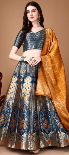 Beige and Brown, Blue color Lehenga in Jacquard fabric with Weaving work Blue Color Lehenga, Grammy Dresses, Blue Ivy Carter, Kaftan Tops, Bollywood Bridal, Reception Lehenga, Wedding Sherwani, Readymade Saree, Gowns For Girls