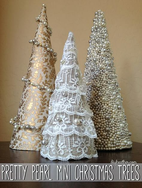 Pretty Pearl Mini Trees | www.diyheather.com/2013/11/pretty-… | Flickr Christmas Cones, Cone Christmas Trees, Christmas Tree Inspiration, Christmas Tree Crafts, Small Christmas Trees, Mini Christmas Tree, Mini Christmas, Noel Christmas, Christmas Tree Themes