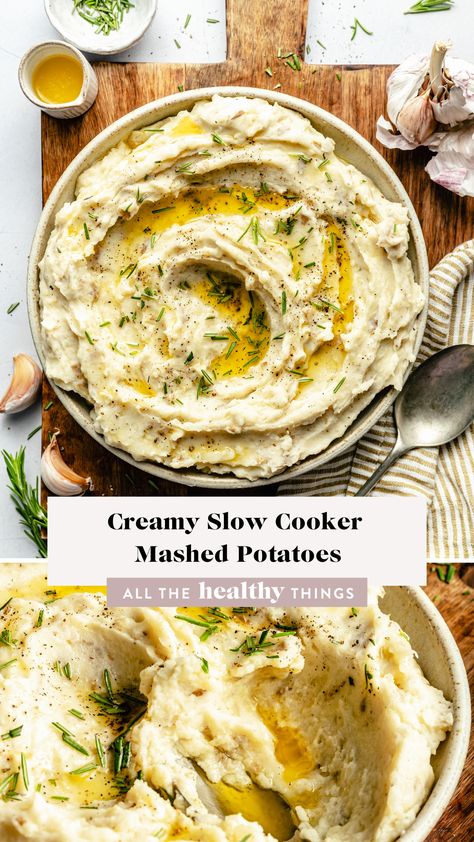 Slow Cooker Mashed Potatoes! These creamy potatoes are filled with garlic flavor and perfectly creamy, delicious, and so easy to make! Crockpot Cream Potatoes, Slow Cooker Mashed Potatoes Thanksgiving, Crockpot Garlic Mashed Potatoes, Mashed Potatoes Recipe Crock Pot, Slow Cooker Thanksgiving Sides, Crockpot Mashed Potatoes Recipes, Crockpot Mashed Potatoes Easy, Mashed Potatoes Slow Cooker, Mashed Potatoes Crockpot