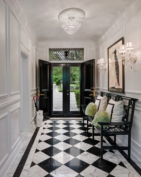 John Milner Architects | Design & Preservation | Chadds Ford, Pennsylvania Blue And Black Home Decor, Hall Decorating Ideas, Foyer Design Ideas, Hallway Design Ideas, Black And White Flooring, Entrance Foyer Design, Decoration Hall, Victorian Hallway, Modern Hall