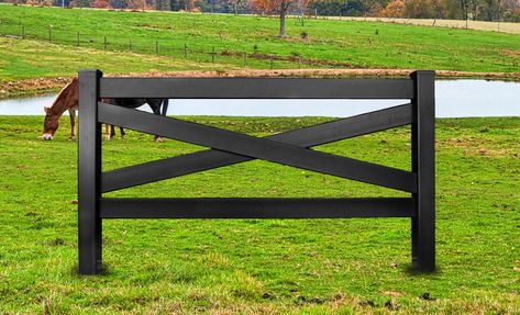 Crossbuck Ranch Rail Fence | Black Horse Fencing | Black Ranch Rail Fencing | BLACKline™hhp Black Split Rail Fence, Property Fencing, Crossbuck Fence, Ranch Rail Fence, Vinyl Fence Ideas, Farm Fencing, Porch Gate, Ranch Fencing, Horse Fence