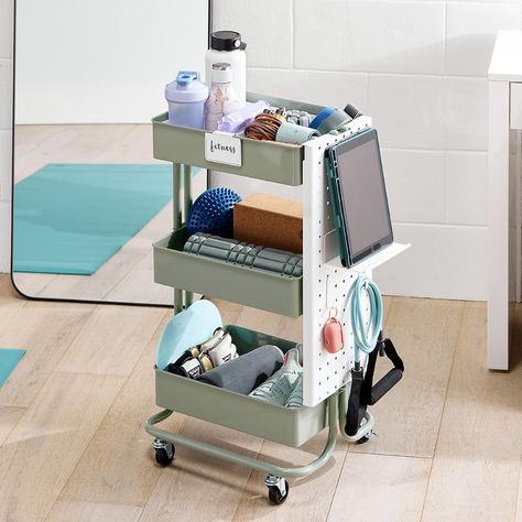 Newborn Utility Cart Organization, 3 Tier Cart Makeup Organization, 3 Tier Cart Organization Bedroom, Container Store Rolling Cart, Beauty Utility Cart, Gym Corner, Home Gym Storage, Gym Organizer, Organization Cart