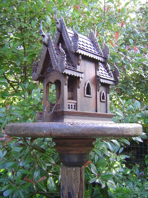 Spirit house in the garden House In The Garden, Forest Ideas, Pagoda Temple, Spirit House, Thai House, Fairy House Diy, Wood Spirit, House Gardens, Wood Building