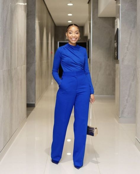 Royal Blue Monochromatic Outfit, Royal Blue Outfit Ideas Black Women, Royal Blue And White Outfit, Royal Blue Pants Outfit Work, Black And Gold Outfits Women, Blue Outfit Ideas Black Women, Blue Pants Work Outfit Women, Blue Church Dress, Blue Monochrome Outfit