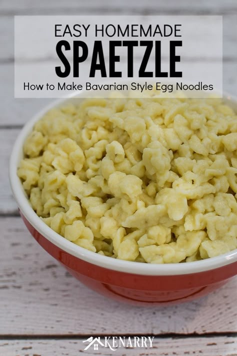 Learn how to make traditional Bavarian style German egg noodles with this easy spaetzle recipe. See step-by-step how to make delicious homemade dumplings just like in Germany. #ideasforthehome #kenarry Hungarian Nokedli, How To Make Spaetzle, Egg Noodle Recipe, German Spaetzle, Noodle Recipes Homemade, Spaetzle Recipe, German Food Authentic, Egg Noodle Recipes, Homemade Dumplings