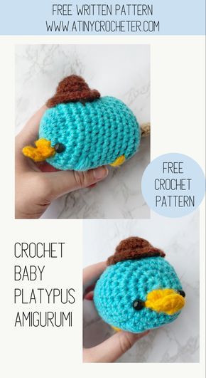 Crochet Amigurumi Platypus, Crochet Projects For Beginners Animals, Free Crochet For Beginners, Fun Things To Crochet Free, Woobles Crochet Pattern, Parry The Platypus Crochet, Crochet Perry The Platypus Pattern, Platypus Crochet Pattern Free, Blue Yarn Crochet Projects